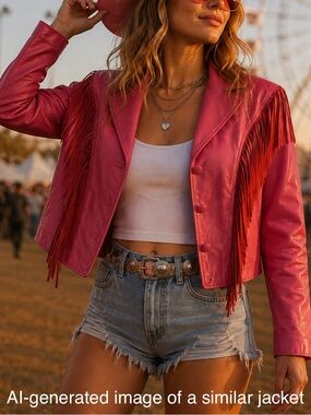 Vintage 80s Pink Leather Fringe Jacket Sz Small Western Barbie Rodeo Made in USA